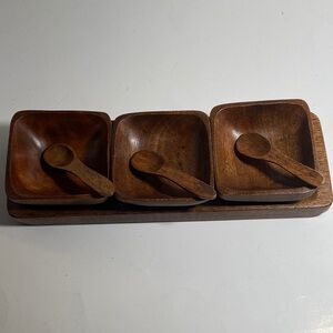Acacia wood serving set- tray, three square bowls, and three small spoons.